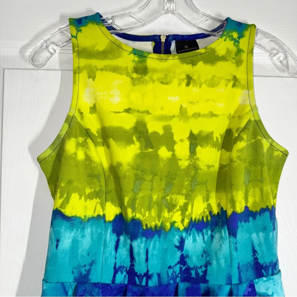 Worthington Vibrant Yellow and Blue Tye Dye Style Sleeveless Peplum Top Shirt S